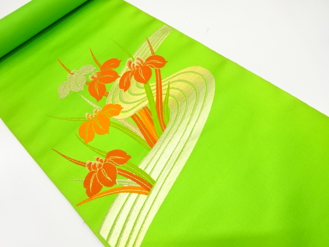 JAPANESE KIMONO / ANTIQUE BOLT FOR NAGOYA OBI / SILK / WOVEN STREAM & IRIS